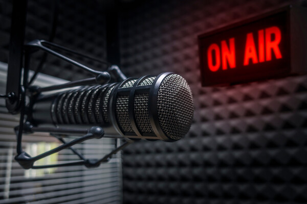 Professional microphone in radio station studio