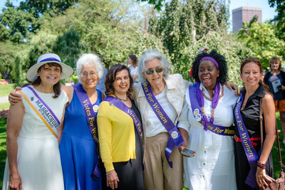 Fredie Kay, Judy Norsigian, Laura Prieto, Norma Swenson, Diana Namumbejja Abwoye, and Cristina Alonso at the Women's Equality Day 2023 event, Public Garden, downtown Boston.