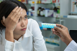 An Asian woman looks concerned as a pharmacist hands her birth control pills