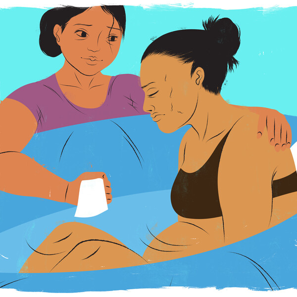 An artistic depiction of a woman in a tub full of water giving birth
