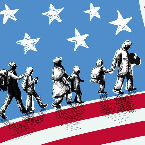 A graphic image of a family walking across an American flag