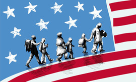 A graphic image of a family walking across an American flag