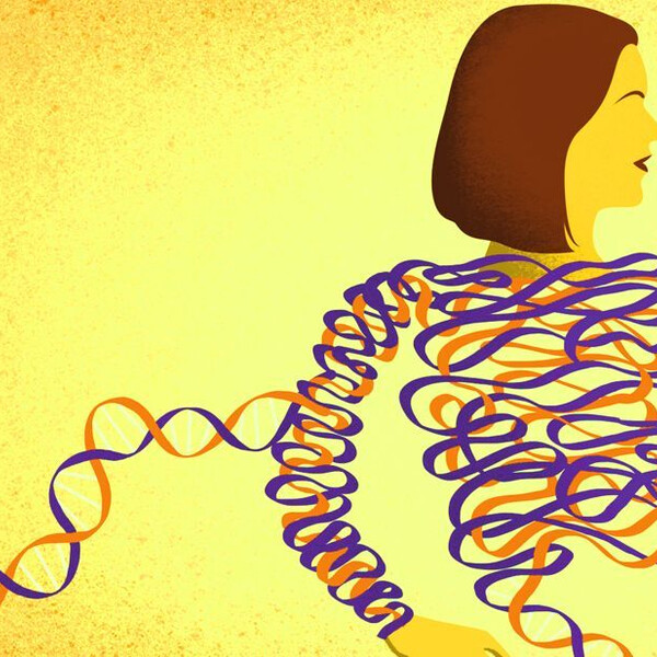 A yellow background with a woman made out of DNA strands