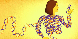 A yellow background with a woman made out of DNA strands