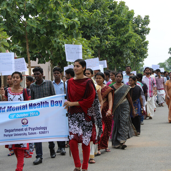 Students march in Mental Health Awareness Rally held at Periyar University in Salem, India.