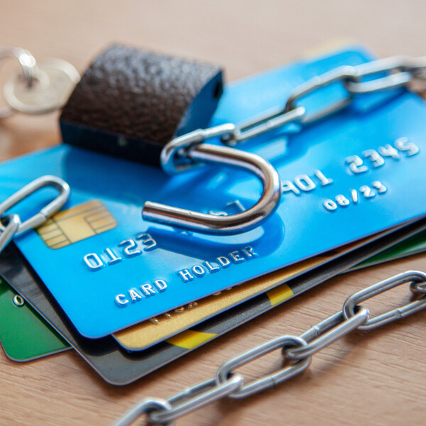 A stack of credit cards. From the bottom, they are green, black, gold, and blue. On top of them is a lock with a chain attached.