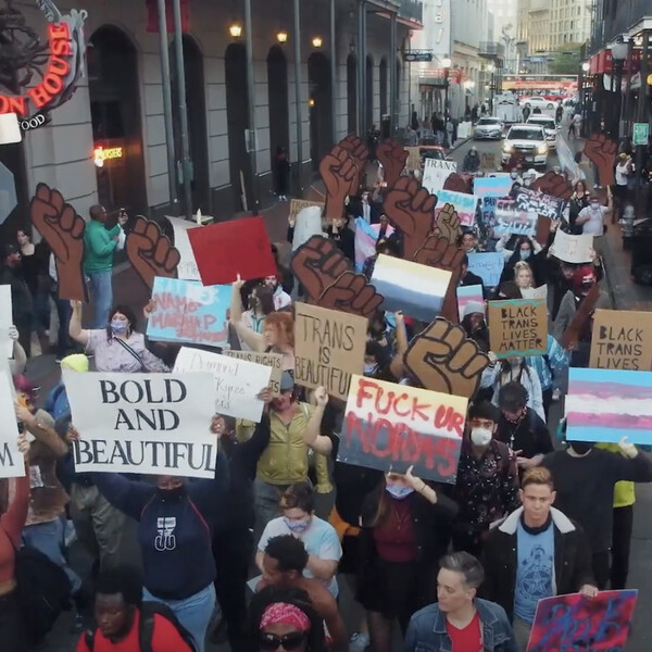A screenshot from the House of Tulip documentary of a protest for trans lives in New Orleans, Louisiana