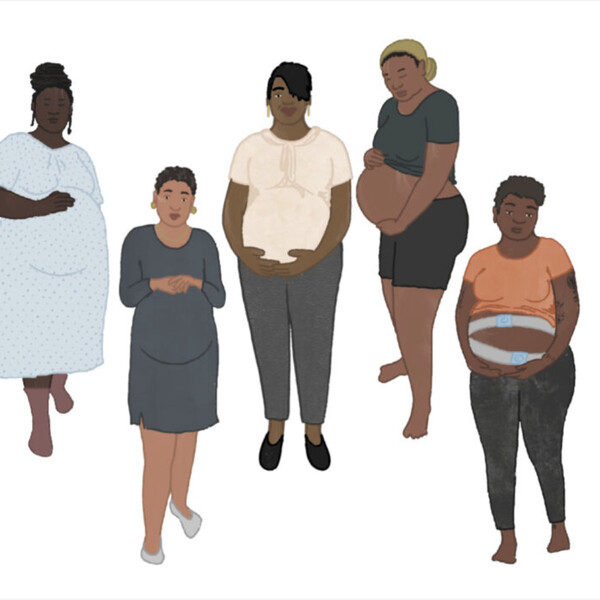 Five Black pregnant women are standing holding their bellies. The first one, who has her lock in a bun on the top of her head is wearing a hospital gown. The second woman who has a short haircut, is wearing a gray dress. The third woman, who has a short haircut is wearing a light pink tee shirt and gray pants. The fourth woman is facing left. She has on a green headwrap, a teal tee shirt and black shorts. Her shirt is hiked up and her stomach is visible. The fifth woman is facing front. She has a curly short haircut and wearing an orange tee shirt that is raised above her belly, and gray pants. Around her belly are two monitors.