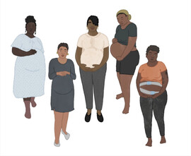Five Black pregnant women are standing holding their bellies. The first one, who has her lock in a bun on the top of her head is wearing a hospital gown. The second woman who has a short haircut, is wearing a gray dress. The third woman, who has a short haircut is wearing a light pink tee shirt and gray pants. The fourth woman is facing left. She has on a green headwrap, a teal tee shirt and black shorts. Her shirt is hiked up and her stomach is visible. The fifth woman is facing front. She has a curly short haircut and wearing an orange tee shirt that is raised above her belly, and gray pants. Around her belly are two monitors.