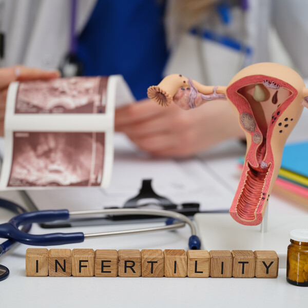 A table in a doctor's office with a stethoscope, model of a uterus, ultrasound images, and blocks that spell out infertility