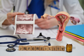 A table in a doctor's office with a stethoscope, model of a uterus, ultrasound images, and blocks that spell out infertility