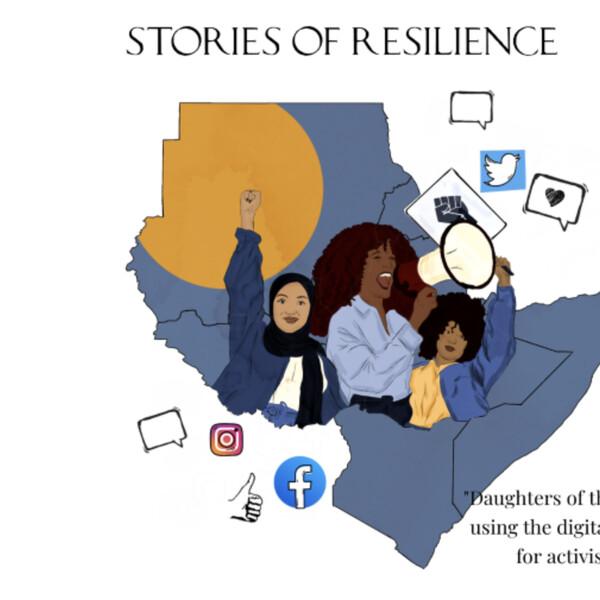 The podcast logo which consists of Black women protesting and a map of the horn of Africa. At the top are the words "Stories of Resilience."