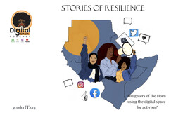 The podcast logo which consists of Black women protesting and a map of the horn of Africa. At the top are the words "Stories of Resilience."