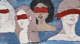 A mural of faces with red bananas across the eyes