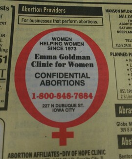 Emma Goldman clinic Iowa City IA women's health clinic newspaper ad for confidential abortions