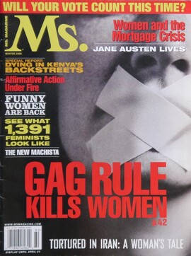 A cover of Ms. Magazine with a woman with bandages over her mouth and the words: "Gag Rule Kills Women" in red