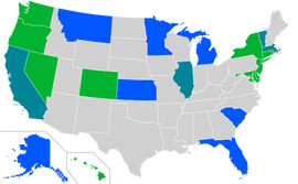 A map with U.S. states in which the right to an abortion is protected, either through state law, a state supreme court ruling, or both.