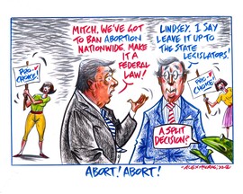 A political cartoon depicting Mitch McConnell and Lindsey Graham discussing banning abortion