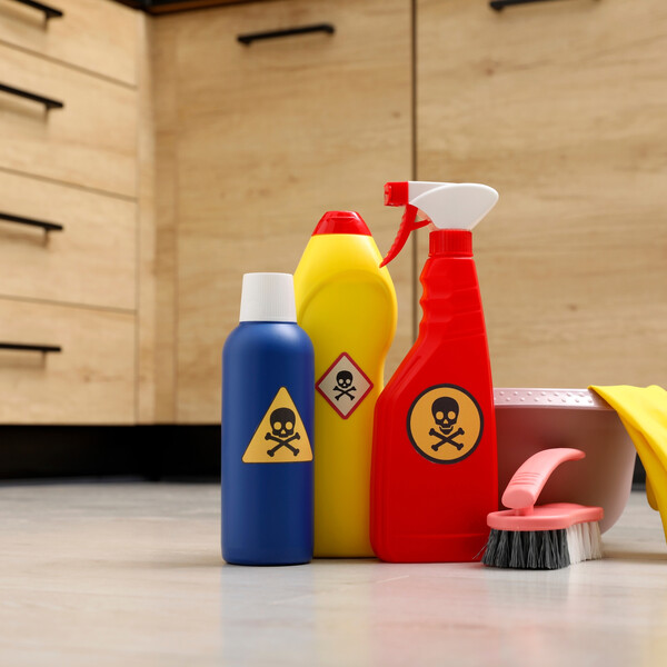 Toxic household cleaners in front of a cabinet