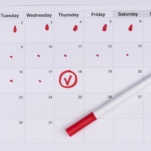 A calendar with red markings on it and a red marker