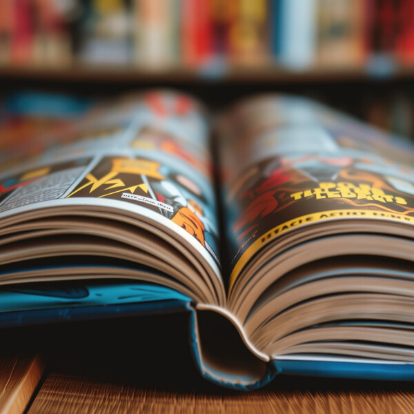 Open comic book on wooden table