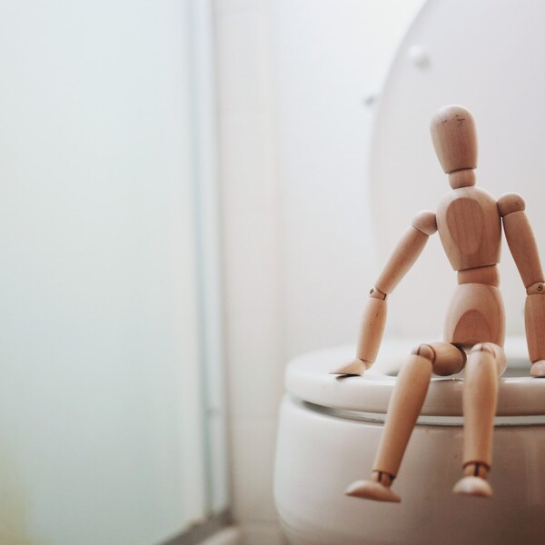 A wooden toy person sits on a white toilet.