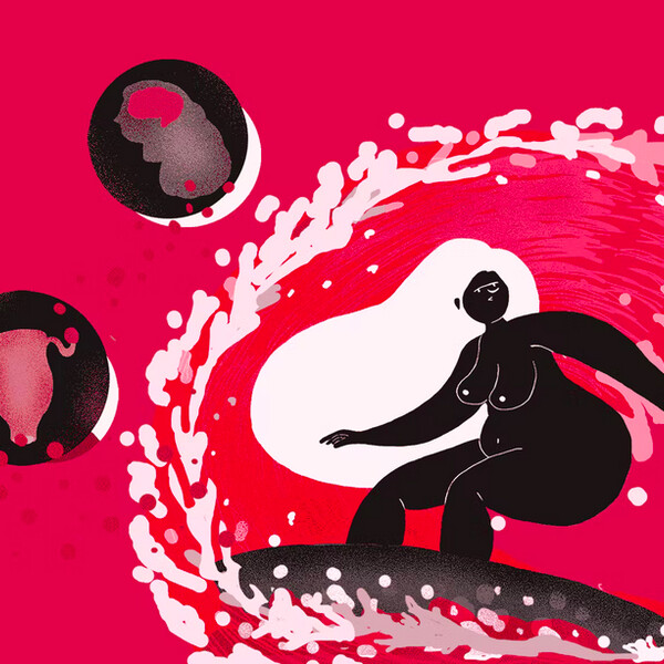 A drawing of a person riding a surfboard, the background is red and the wave is light pink, like they are "riding the crimson wave”.