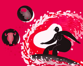 A drawing of a person riding a surfboard, the background is red and the wave is light pink, like they are "riding the crimson wave”.