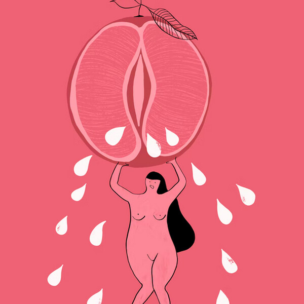 A nude figure holds up a half-cut citrus fruit (that resembles a vulva). White droplets fall from the fruit/vulva. The background is a dark pink and the figure drawing is light pink
