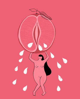 A nude figure holds up a half-cut citrus fruit (that resembles a vulva). White droplets fall from the fruit/vulva. The background is a dark pink and the figure drawing is light pink
