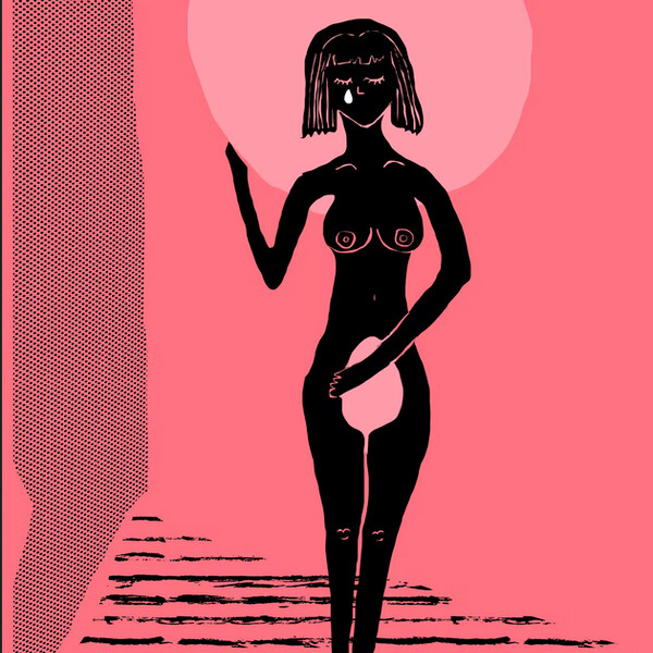 An outline of a female body, her hand over her lower abdominal area, one tear comes down from her eye.