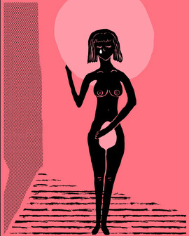 An outline of a female body, her hand over her lower abdominal area, one tear comes down from her eye.