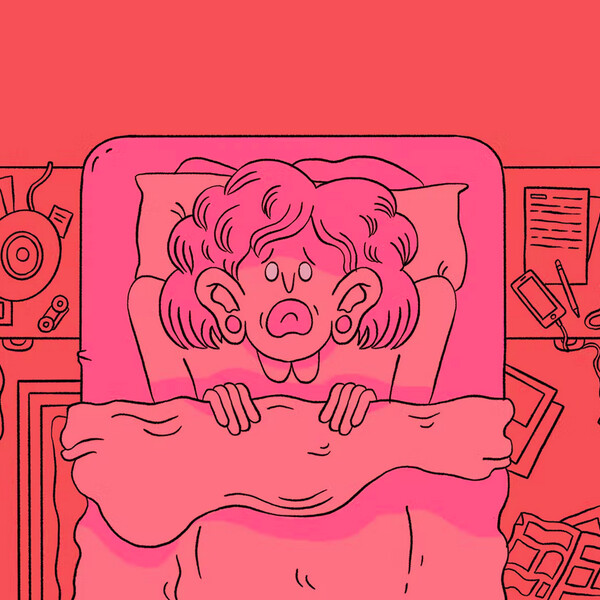 A caricature of a woman in bed, her face in terror and pain. She and the bed are light pink with a deeper pink in the background.
