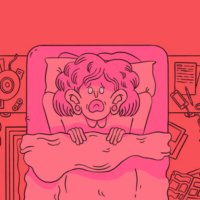 A caricature of a woman in bed, her face in terror and pain. She and the bed are light pink with a deeper pink in the background.
