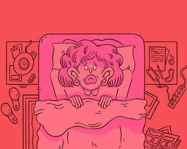 A caricature of a woman in bed, her face in terror and pain. She and the bed are light pink with a deeper pink in the background.