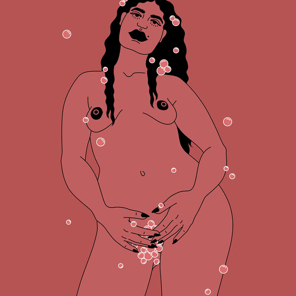 A pink image of a naked woman with black curly hair with pink bubbles in her hair and in front of her vulva.