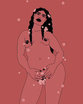 A pink image of a naked woman with black curly hair with pink bubbles in her hair and in front of her vulva.
