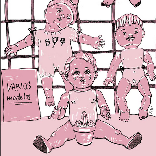 Drawings of dolls displaying various gender expressions. The entire image is in pink and white.