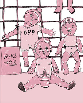 Drawings of dolls displaying various gender expressions. The entire image is in pink and white.