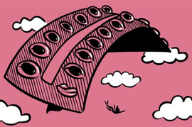 A cartoon interpretation: a birth control package with a pink background with a few clouds scattered throughout the image. Image from Pussypedia.