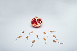 A pomegranate cut in half sits in the background, several almonds with tails (symbolizing sperm) are laid out as if they are swimming to the pomegranate (that represents the vulva).