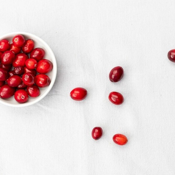 Red cranberries spill out of a small white bowl.