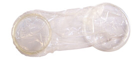 A external condom against a white background.