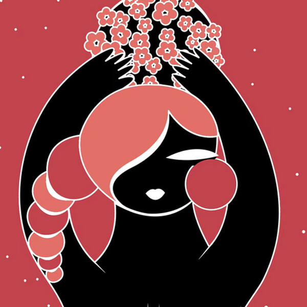 A drawing of a person in black, with nude breasts and pink hair, holds up their hands. The background is pink.
