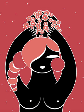 A drawing of a person in black, with nude breasts and pink hair, holds up their hands. The background is pink.