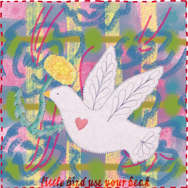 A multi-colored background with a white dove in the center