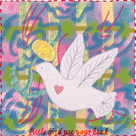A multi-colored background with a white dove in the center